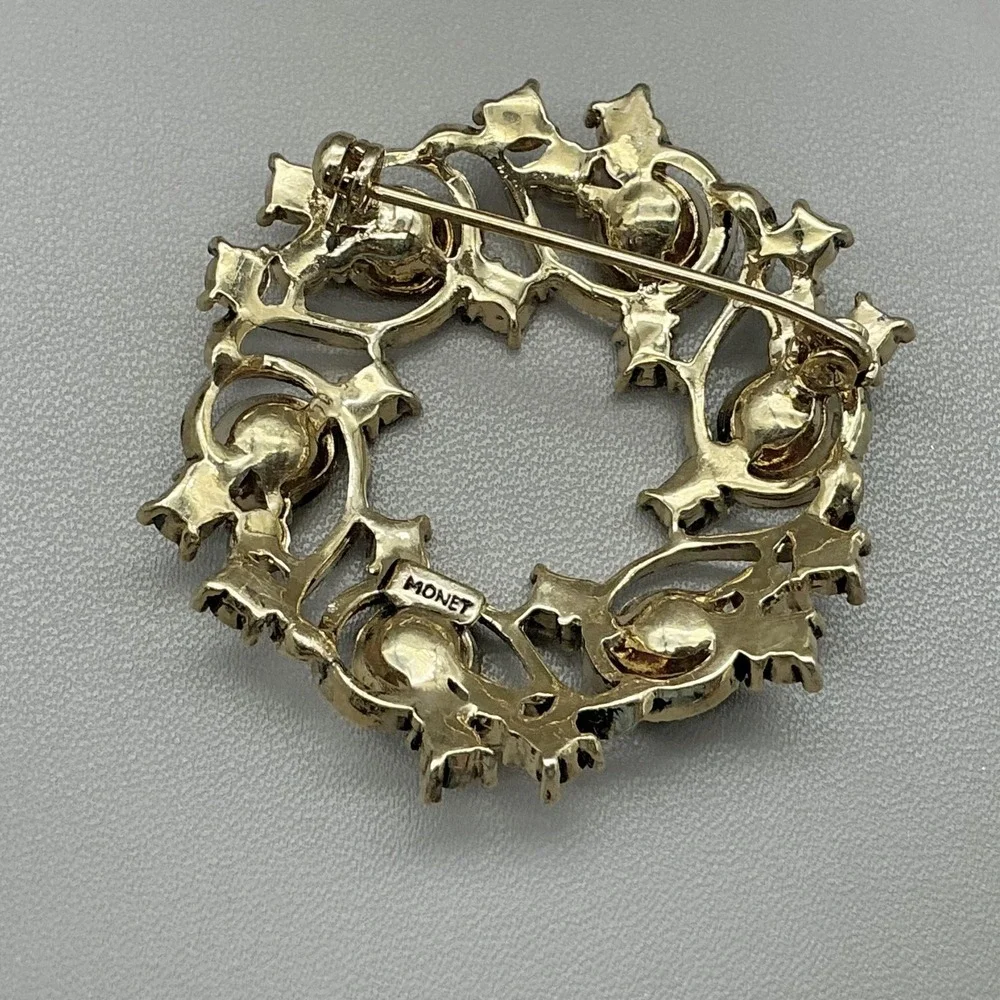 Vintage Monet Brooch Round Wreath Multicolor Rhinestone Gold Tone Pin Costume